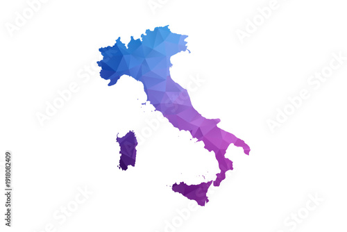 Italy Map - Polygon Style Vector Illustration in Blue and Purple Gradient, Low Poly Geometric Design, Isolated on White Background, Ideal for Infographics and Learning Materials.