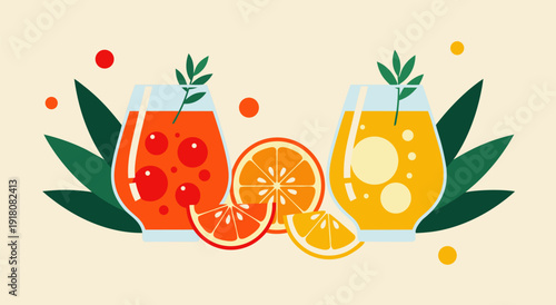 Vibrant Juice Glasses with Fruit Slices and Leaves in a Vector Illustration