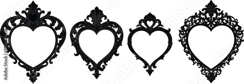 Set of ornate heart shaped baroque frames, black vintage filigree borders for wedding and luxury design