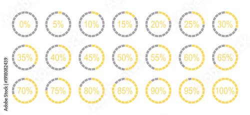 Percentage round diagrams  for infographics from 0 to 100 percent icons. Yellow, grey colour fill divided pie charts indicator layouts. Infographic elements. Circle graph loading progress samples.
