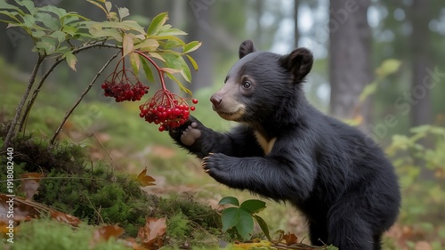 Adorable Bear Cub Reaching for Red Berries in a Mossy Forest During Autumn