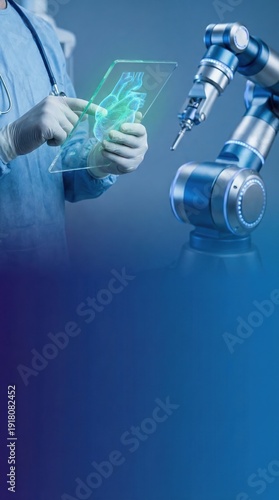 Surgeon in blue scrubs holding a transparent tablet with a holographic heart model. Robotic surgery and cardiology concept with vertical copy space.