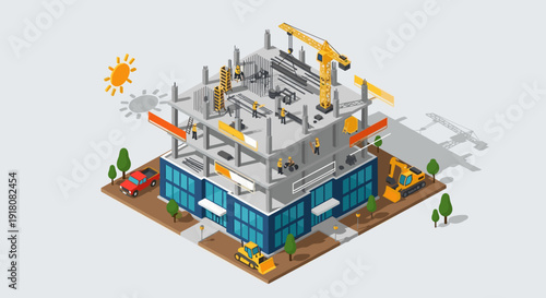 Isometric 3D Industrial Factory Building Structure.