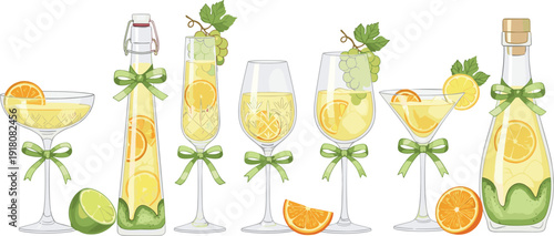 Set of summer citrus cocktails and lemonade bottles with green ribbons, grapes, oranges, and lime slices