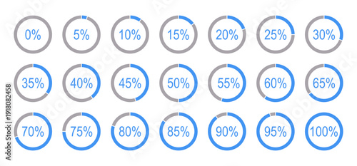 Round diagrams for infographics from 0 to 100 percent icon layouts. Percentage infographics template set. Blue, grey color fill pizza, pie charts indicator flat elements. Circle graph loading progress