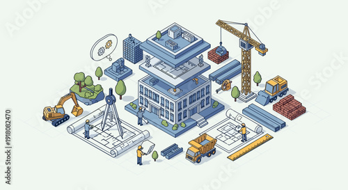 Isometric Building Construction Site with Crane.