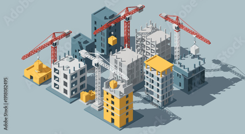 Isometric City Buildings Under Construction Cranes.