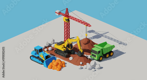 Isometric Construction Site with Crane and Vehicles.