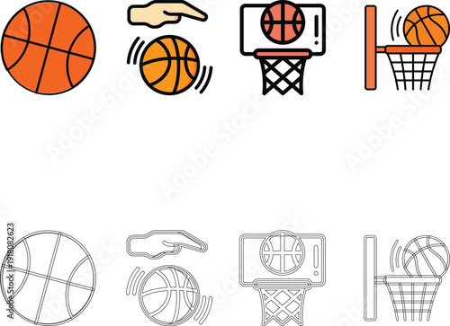 Comprehensive Basketball Icon Set Featuring Team Players, Slam Dunk, Dribbling, Flaming Ball, Strategy Board and Equipment in Flat and Line Art Style