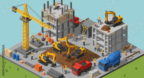 Isometric Construction Site with Buildings and Machinery.
