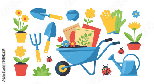Gardening tools and flowers surrounding a blue wheelbarrow filled with plants and gardening supplies