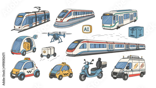 Future of Transport: A vibrant illustration showcasing various innovative transport technologies, reflecting the evolution of urban mobility and smart cities.
