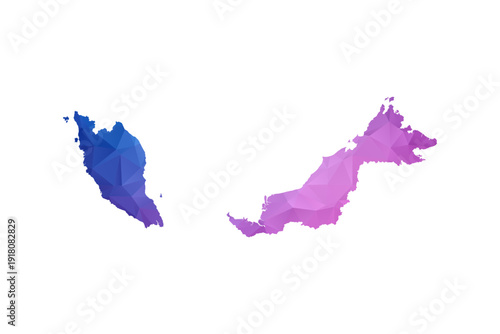 Malaysia Map - Polygon Style Vector Illustration in Blue and Purple Gradient, Low Poly Geometric Design, Isolated on White Background, Ideal for Infographics and Learning Materials.