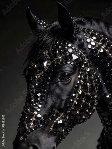 Black Horse Wearing Luxury Crystal And Rhinestone Mask On Dark Background