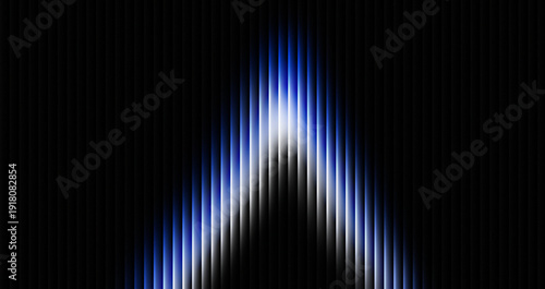 Schilderij op canvas Bright white light radiates from the center surrounded by blue and white vertical lines on a black background creating a striking visual effect