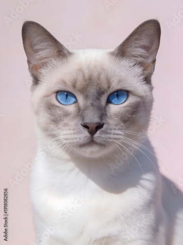 Close Up Portrait Of Blue Eyed Siamese Cat On Soft Pink Background
