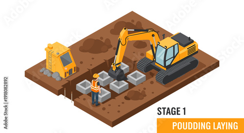 Yellow Excavator and Dump Truck on Site.