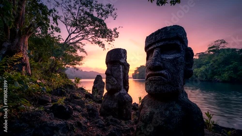 Ancient Moai Statues Silhouetted Against a Vibrant Sunset Sky Overlooking a Calm River.