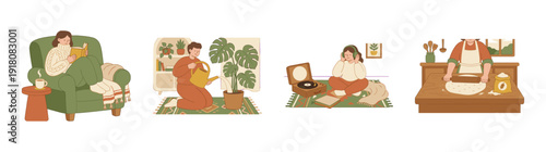 Flat Vector Cozy Lifestyle Hobbies Character Element Kit for Hygge Home Wellness Branding