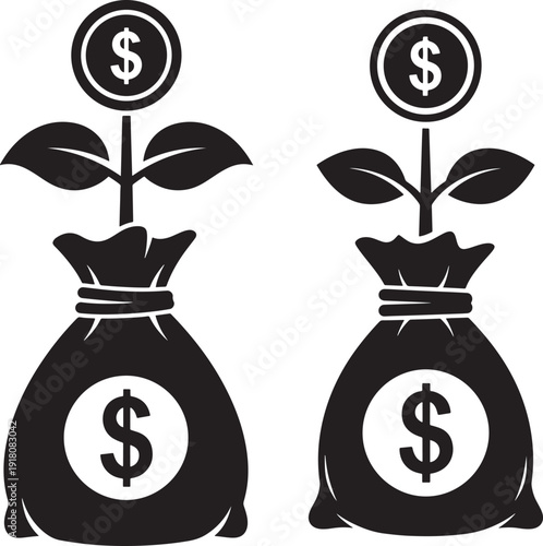 Money bag silhouette with coin plant investment