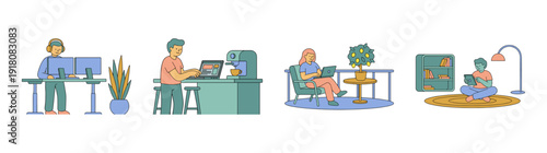Flat Vector Remote Work Lifestyle Illustration Set for Modern Flexible Career and Home Office Design