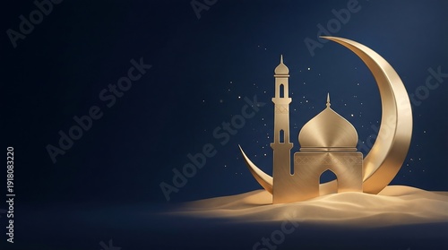 Ramadan Night Scene with Golden Mosque and Crescent Moon on Desert Sand Dunes