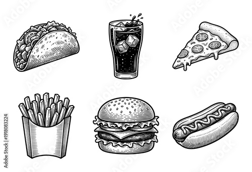 Vintage style woodcut illustration of fast food icons including taco, soda, pizza, french fries, hamburger, and hot dog in black ink on white