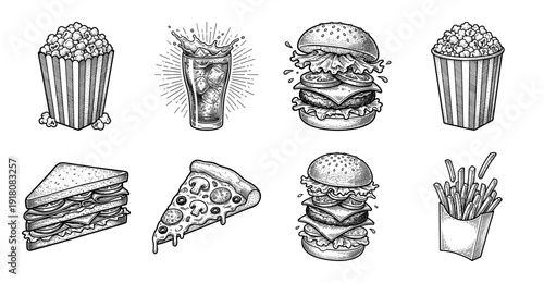 Set of vintage woodcut style fast food illustrations including burgers, pizza, popcorn, sandwich, and soda