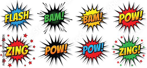 Collection of comic book sound effects bubbles with text like bam pow and zing isolated on white background for pop art design.