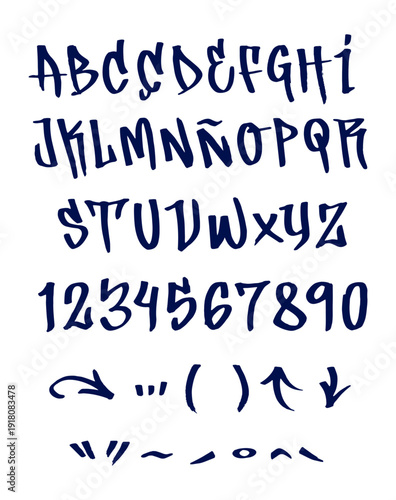 Complete Latin vector alphabet and numbers in graffiti tag style with symbols and special characters