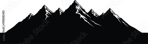Sharp, jagged mountain range peaks rendered in stark black silhouette with white highlights suggesting snow or rock texture.