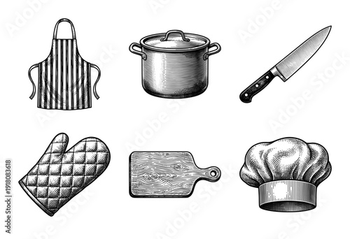 Set of kitchenware and chef apparel icons in a hand drawn vintage engraving style featuring a pot, knife, cutting board, apron, oven mitt, and toque.
