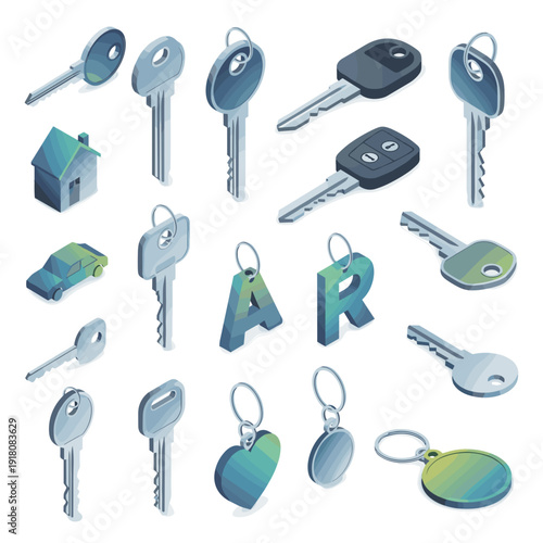 Isometric 3D views of modern blue key fobs