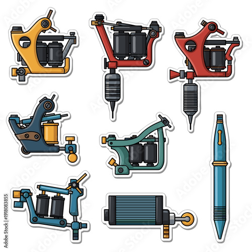 Set of diverse modern and colorful tattoo guns