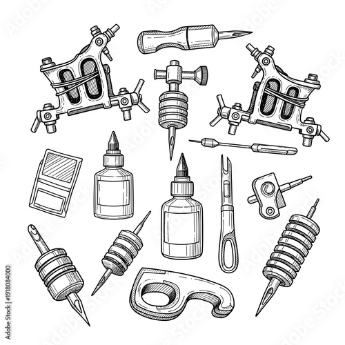 Set of tattoo ink bottles and artist supplies