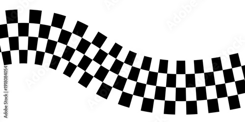 Trippy checkerboard background. Retro psychedelic checkered wallpaper. Wavy groovy chessboard surface. Distorted geometric grid chess pattern. Abstract black and white race flag backdrop. Vector