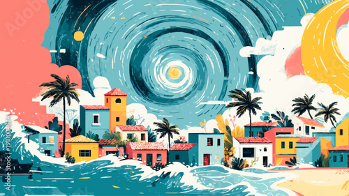 Coastal village with colorful houses, palm trees, and stormy waters under a swirling sky