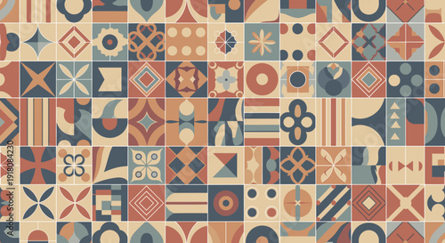 Geometric Abstract Mosaic Pattern With Earth Tone Colors And Varied Shapes