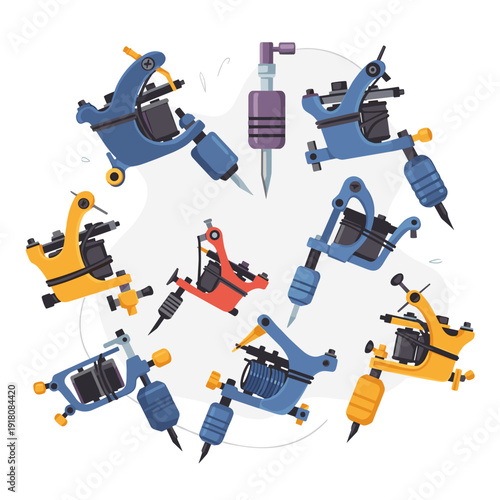 Circular arrangement of colorful professional tattoo machines