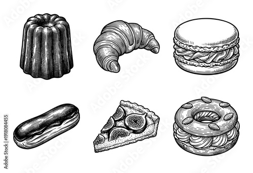 Vintage hand drawn engraving style collection of traditional French pastries and desserts featuring croissant macaron and eclair