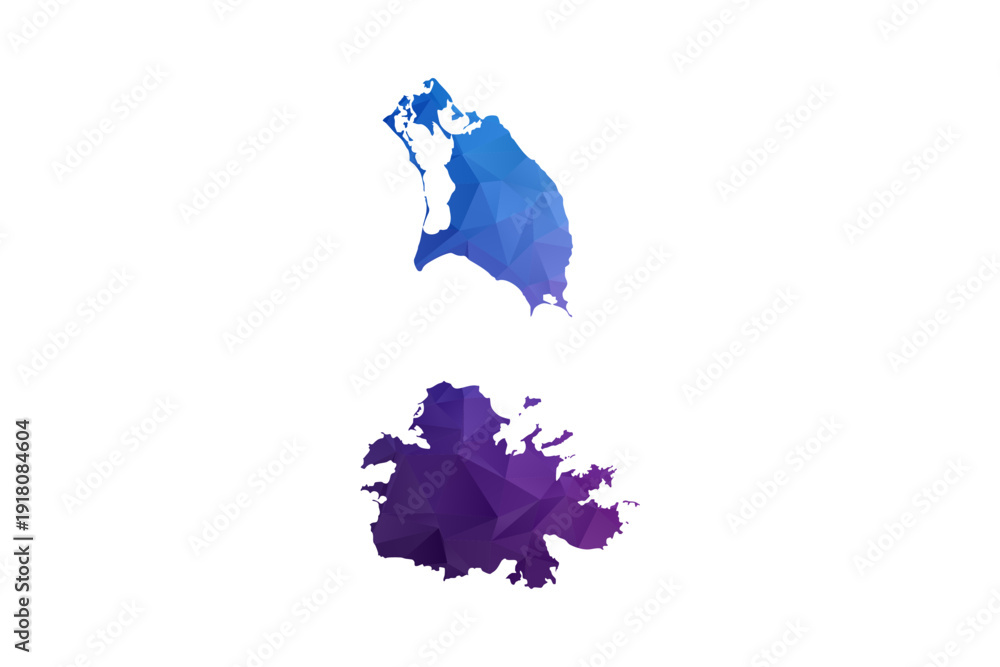 Fototapeta premium Antigua and Barbuda Map - Polygon Style Vector Illustration in Blue and Purple Gradient, Low Poly Geometric Design, Isolated on White Background, Ideal for Infographics and Learning Materials.