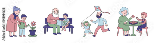 Flat Vector Grandparents and Grandchildren Activity Graphic Set for Intergenerational Family Bonding Themes