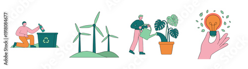 Flat Line Art Eco Friendly Sustainability Illustration Element Kit for Green Energy and Environmental Conservation