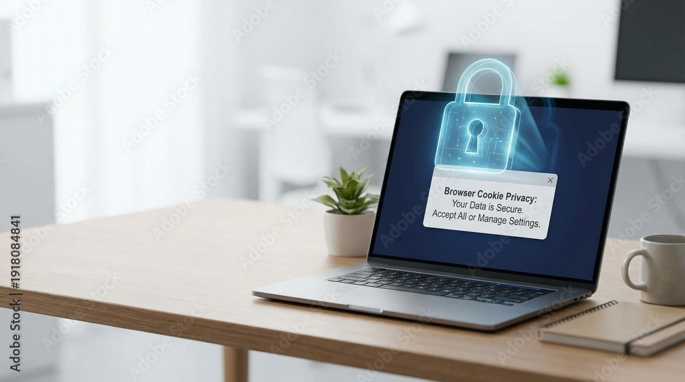 Fototapeta premium browser cookie privacy popup with lock icon hologram on laptop, clean desk background, copy space