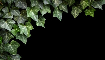 close up of ivy leaves cascading downward forming a corner border against a black backdrop