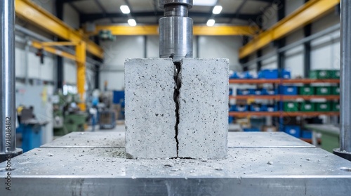 Concrete block being tested for strength and durability in industrial laboratory setting
