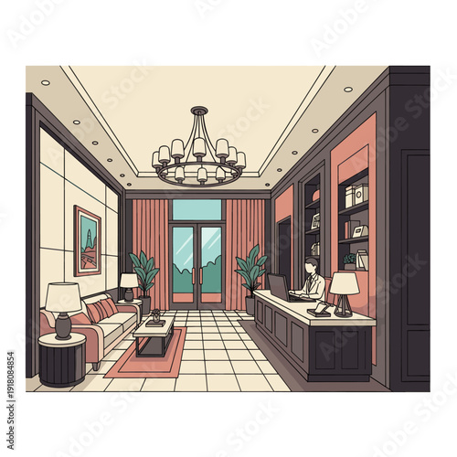 Elegant Hotel Lobby with Chandelier Sofa and Bookshelf