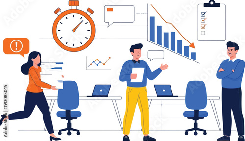 Business meeting features diverse colleagues analyzing downward trending bar charts with a large orange stopwatch nearby.