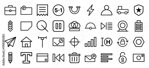 Universal interface line icon set. Vector pictograms of briefcase, folder, battery, magnifying glass, home, trash, mail, lock, camera, and pencil, thick outline illustration.