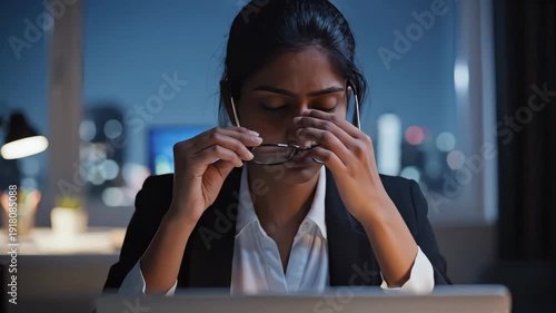 Tired businesswoman working late at night in office. Stressed female professional opening laptop and rubbing eyes due to fatigue. Corporate burnout concept